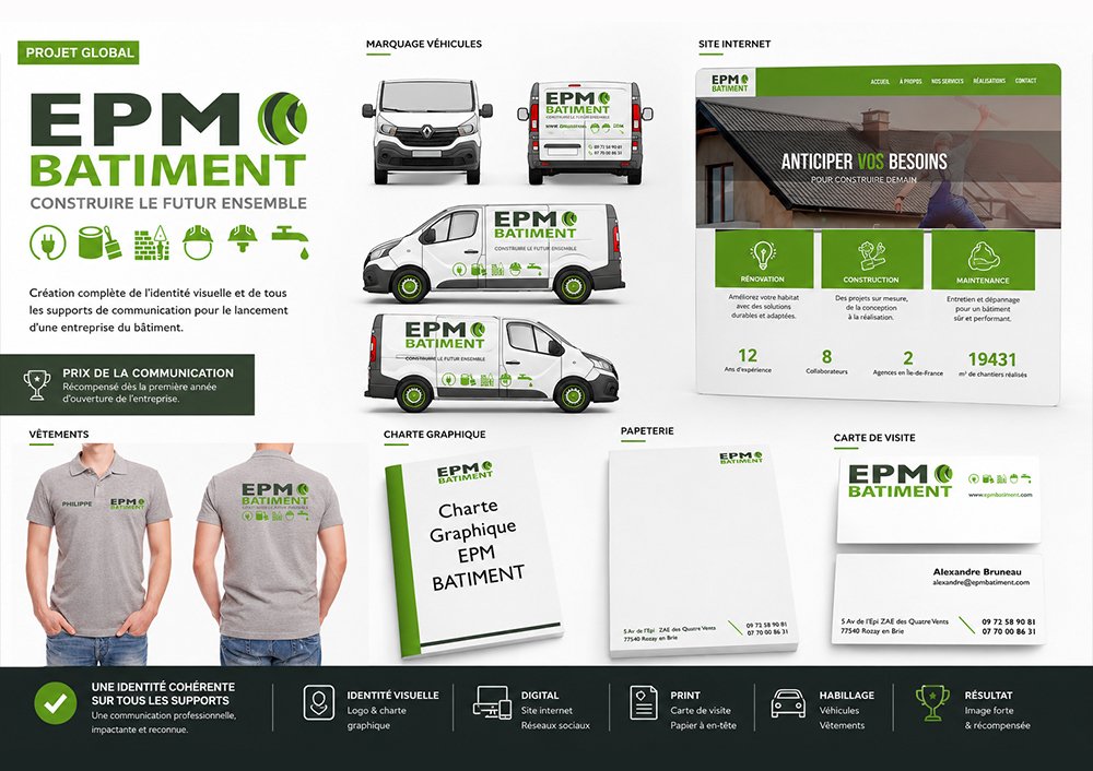 Projet global de création de l’identité visuelle et des outils de communication d’EPM Bâtiment par JOKER WORKS
